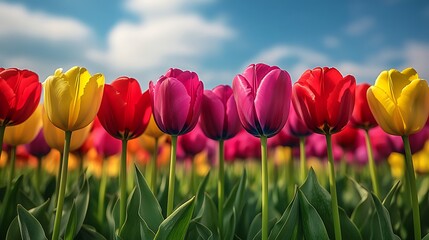 Tulips in Bloom: A vibrant field of tulips in shades of yellow, red, and purple, stretching towards a sunny blue sky.  This captivating floral display exudes freshness and beauty.