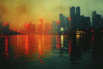 Fototapeta premium A moody city skyline reflected in water, illuminated by red lights.