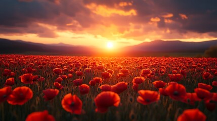 Obraz premium Poppies Aglow at Sunset: A vast field of vibrant red poppies basks in the golden light of a breathtaking sunset, creating a picturesque landscape of beauty and serenity.