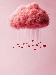 Romantic pink cloud with delicate red heart droplets