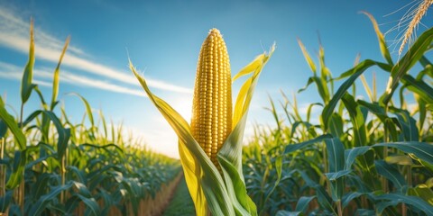 Golden corn ear growing among green stalks in a sunny field during the summer afternoon.