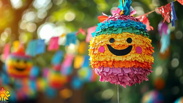 Colorful pi?ata hanging at a festive outdoor celebration with blurred decorations
