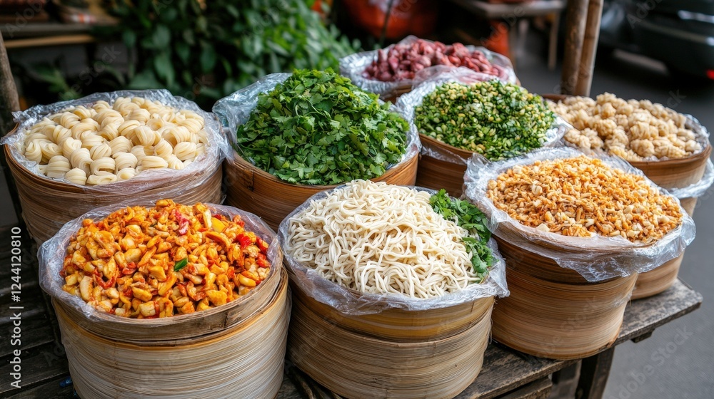 Poster variety of different types of food displayed on a table ready for serving or sharing with guests