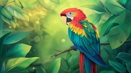 Fototapeta premium Colorful macaw parrot in the jungle. macaw parrot with colorful plumage and a long tail sitting on the tree branch. colorful parrot in the rain forest, wildlife and nature concept