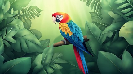 Fototapeta premium Colorful macaw parrot in the jungle. macaw parrot with colorful plumage and a long tail sitting on the tree branch. colorful parrot in the rain forest, wildlife and nature concept