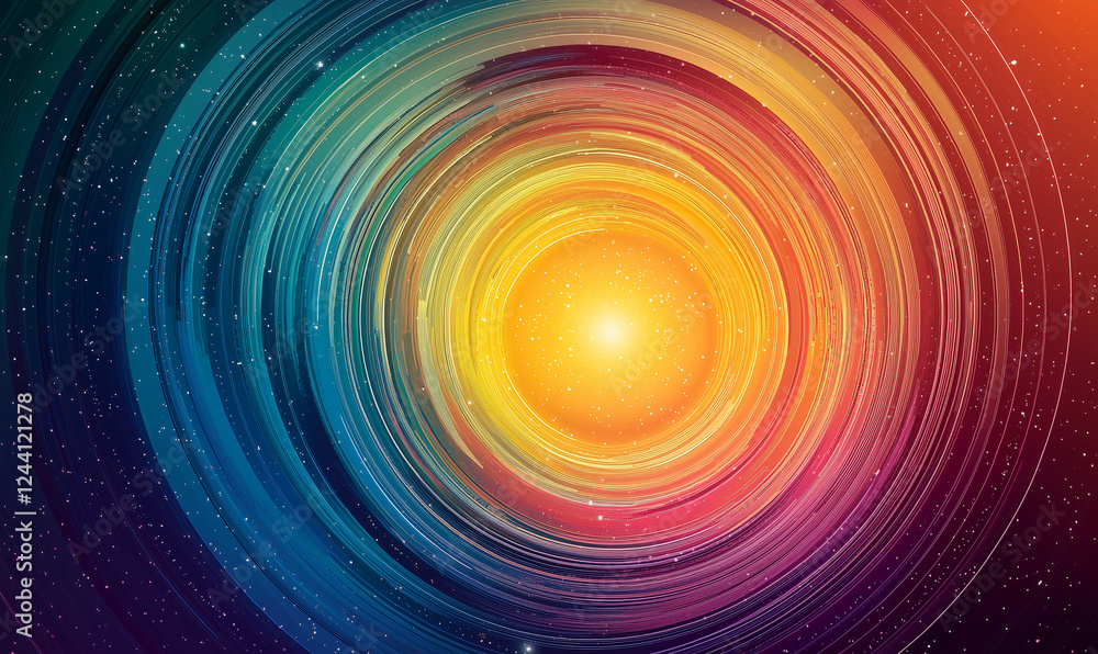 Poster bright, swirling patterns radiate around a central glowing sphere, creating a vibrant and dynamic vi