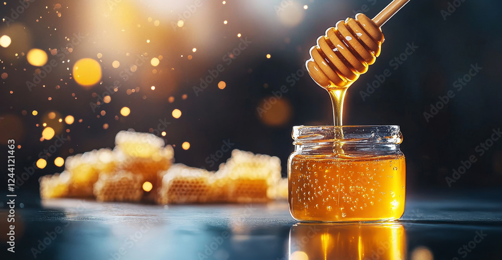 Poster golden honey is being dripped from a wooden dipper into a transparent jar. honeycomb pieces are soft