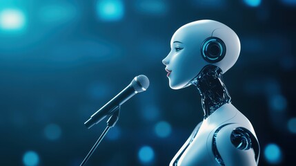Electric female robot performs a captivating song into a microphone at a music venue in the evening