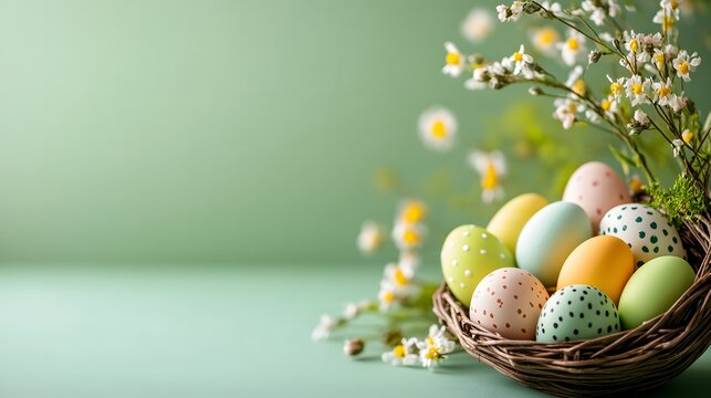 A horizontal banner with a basket of Easter eggs, an empty copy space for the text