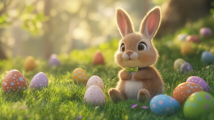 Fototapeta premium bunny sitting in a grassy meadow surrounded by colorful Easter eggs.