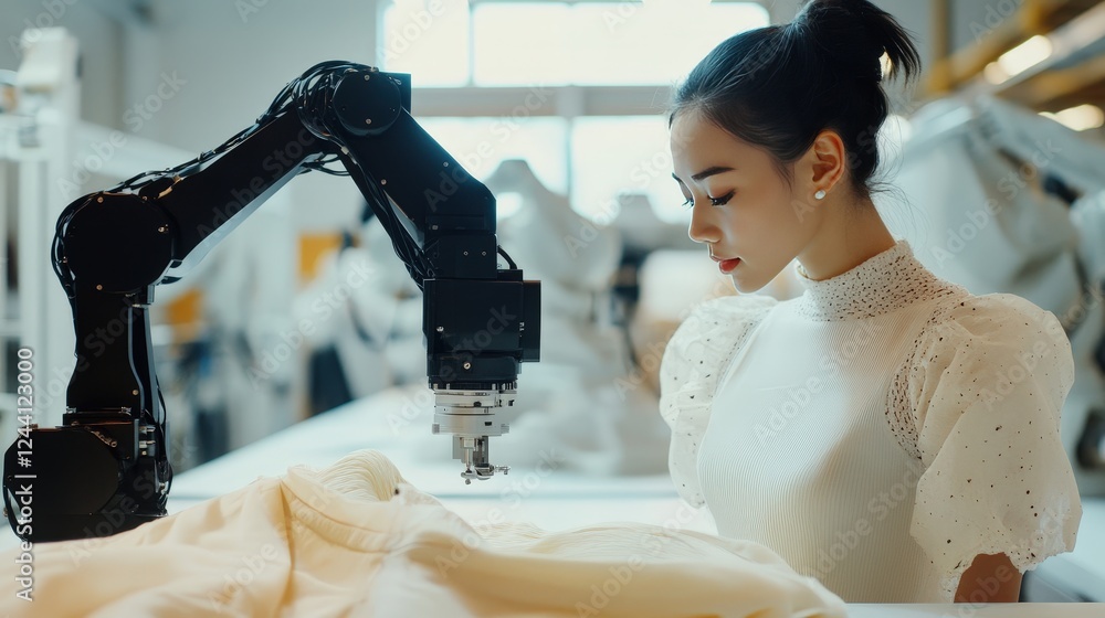 Poster cutting-edge fashion studio using ai to design garments and robotic arms creating custom clothing pi
