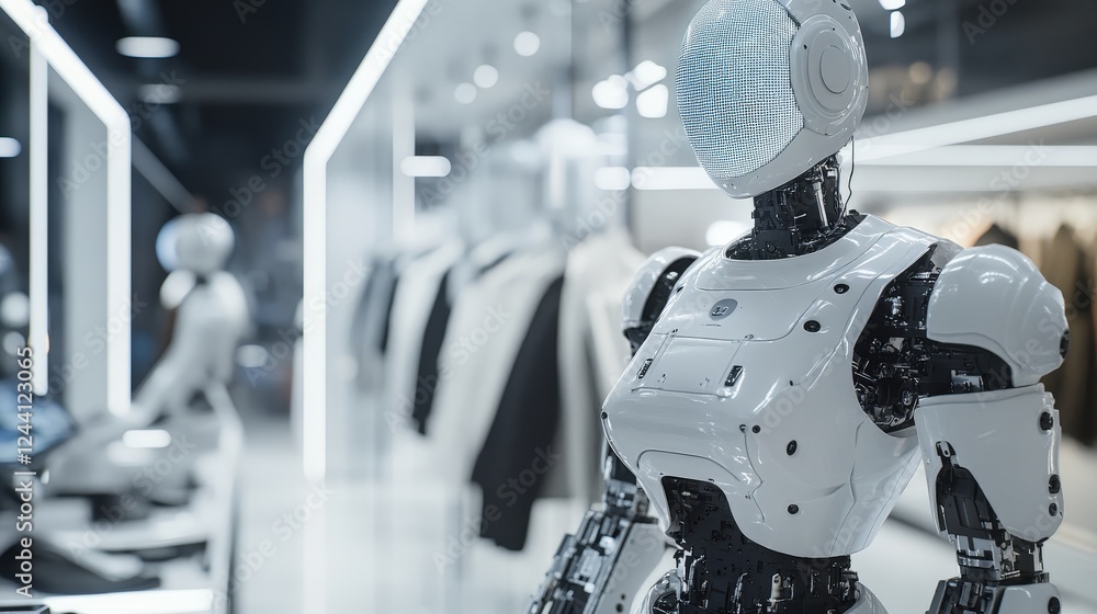 Poster cutting-edge fashion studio using ai to design garments and robotic arms creating custom clothing pi