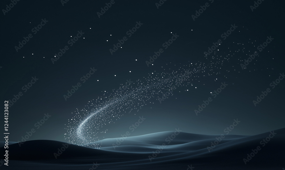 Poster a dark, ethereal landscape with sparkling particles floating gracefully above rolling hills, creatin