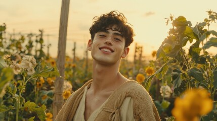 Naklejka premium Smiling young man in sunflower field outdoor portrait nature environment warm sunset light