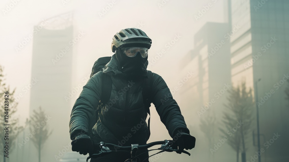Poster a cyclist wearing protective gear while navigating through a city with pm 2.5 pollution, surrounded 