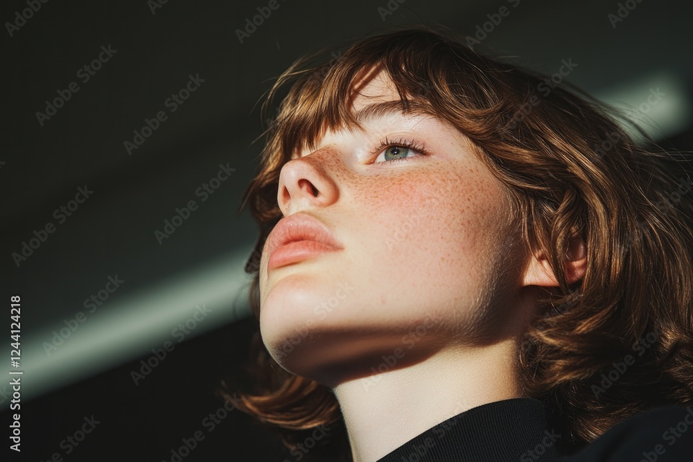 Aufkleber young poet reciting lines their face illuminated by soft light set against simple blurred background