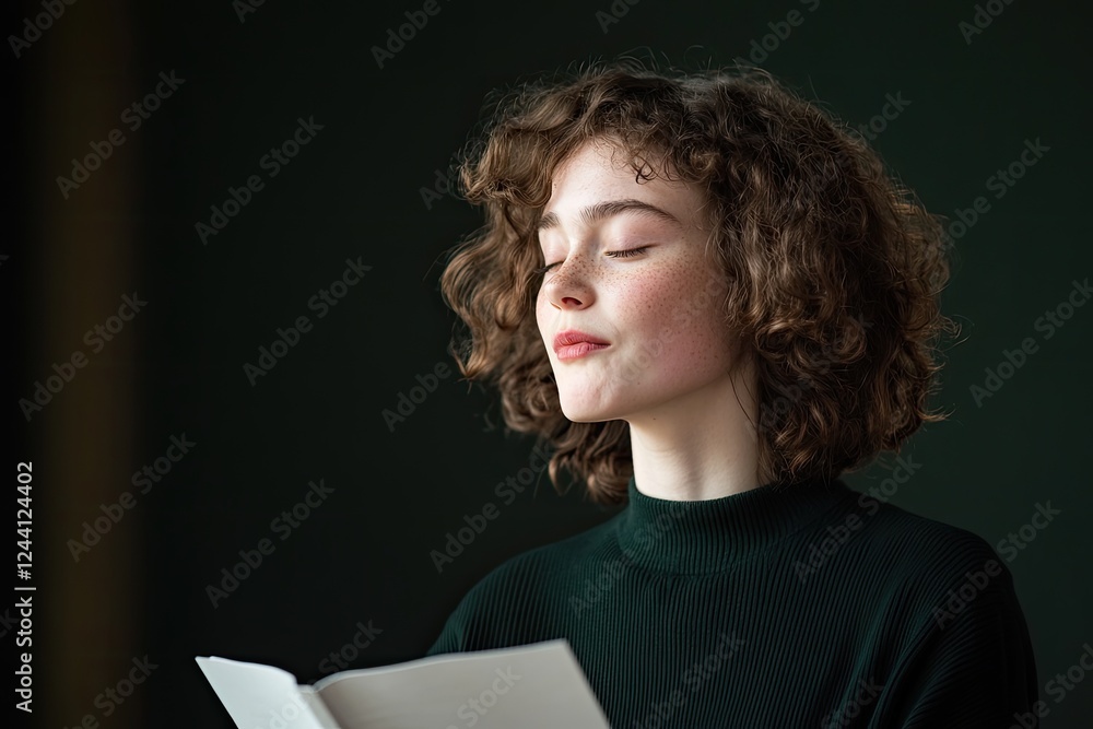 Aufkleber young poet reciting lines their face illuminated by soft light set against simple blurred background