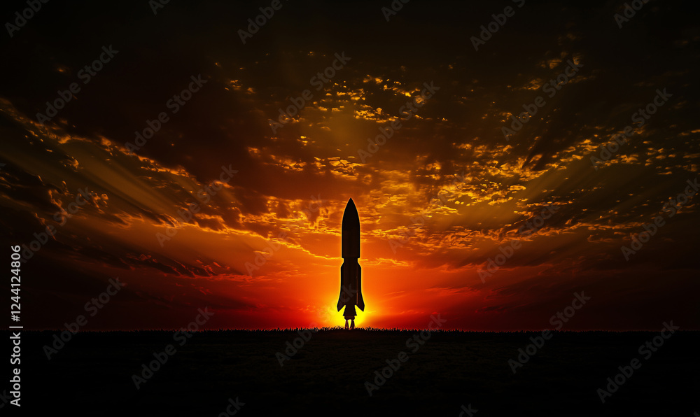 Poster innovative space exploration event rocket launch at sunset astronomy and space physics in action
