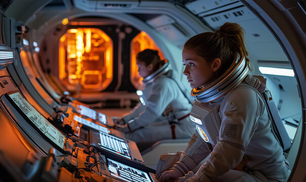 Innovative space exploration missions spacecraft control room technology showcase zero gravity environment astronauts in action - Powered by Adobe