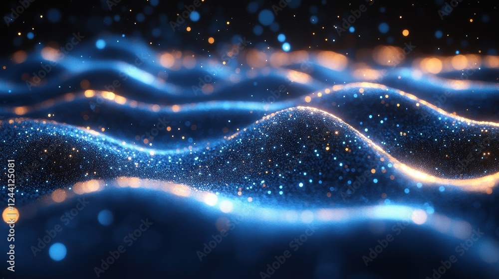 Poster abstract waves of light and particles create a mesmerizing digital landscape.