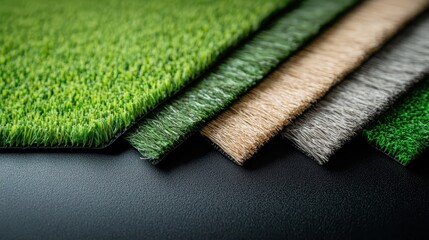 Artificial grass samples arranged for inspection showcasing various colors and textures suitable for landscaping projects