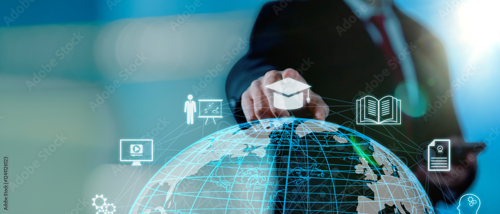 Poster concept of online education. man use online education training and e-learning webinar on internet fo