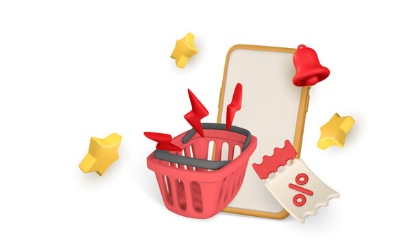 3d online shop. Smartphone with shopping basket. Modern online shopping, application for smartphone. Vector illustration