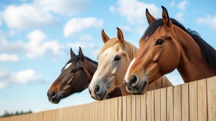 Equine therapy session with horses interacting at a serene ranch under a bright blue sky