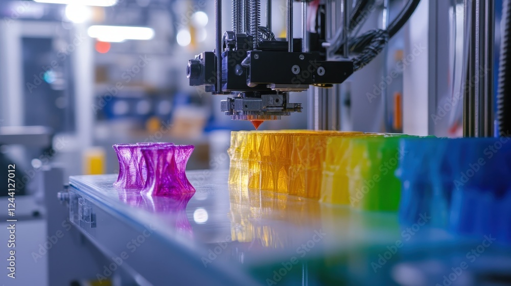 Poster a demonstration of a 3d printer printing in multiple colors, showcasing its ability to handle comple