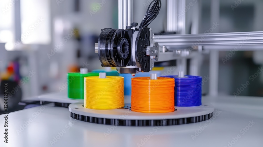 Poster A demonstration of a 3D printer printing in multiple colors, showcasing its ability to handle complex projects