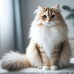 Fototapeta premium Majestic fluffy cat, long-haired feline, piercing blue eyes, cream and brown fur, soft focus portrait, elegant pose, natural window light, domestic pet photography, high-resolution image, shallow dept
