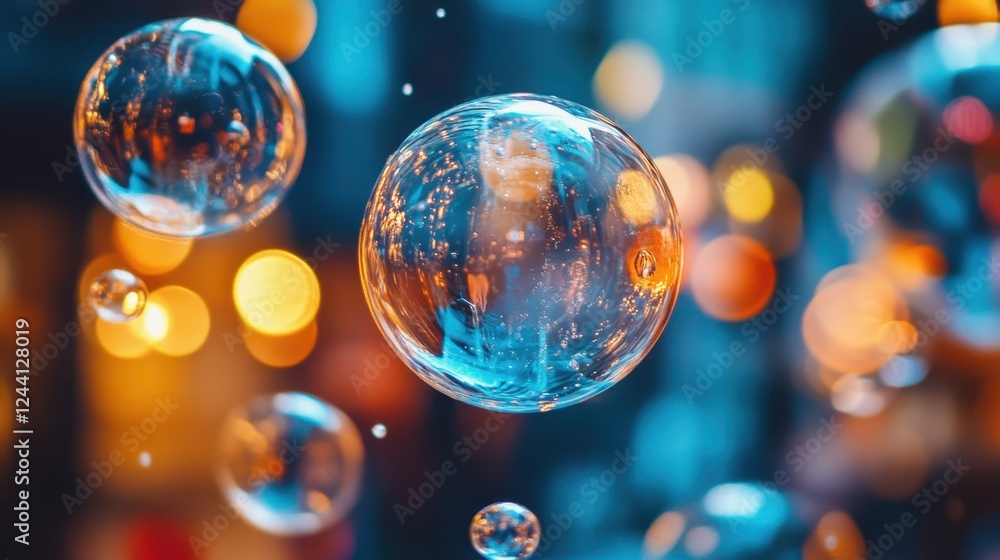 Poster delicate soap bubbles drifting through nighttime cityscape, capturing luminous reflections with soft