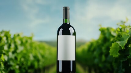 Fototapeta premium Mock up of wine bottle surrounded by lush vineyard landscape during daylight hours