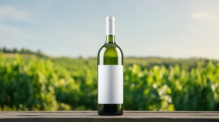 Mock up of a wine bottle in a vineyard under clear skies showcasing grape vines and lush greenery