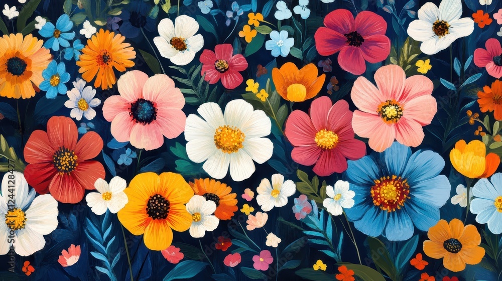 Aufkleber vibrant blossoms spanning multiple sizes and hues bursting against shadowy backdrop, displaying bota