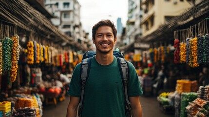 Naklejka premium Smiling man in a vibrant market surrounded by fresh produce and colorful stalls