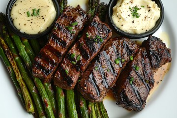 Top view of a plate of grilled steak served over a bed of roasted asparagus, garnished with garlic butter and a side of horseradish sauce