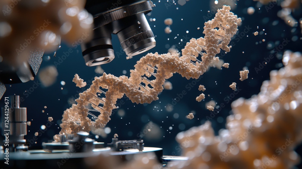 Poster dna strand being analyzed under a microscope, showing its double-helix structure, as scientists deco