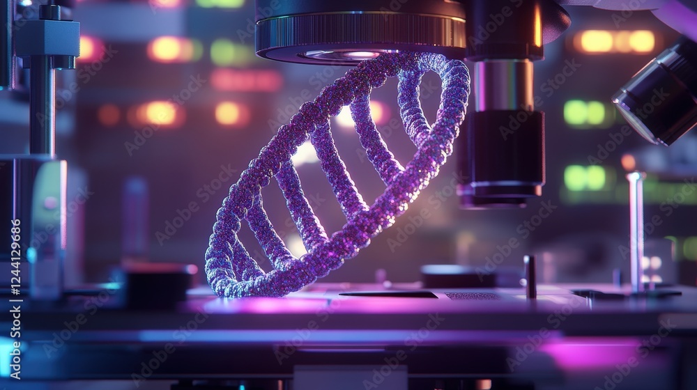 Poster dna strand being analyzed under a microscope, showing its double-helix structure, as scientists deco