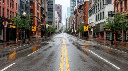 Empty city street, rain, buildings, urban, deserted
