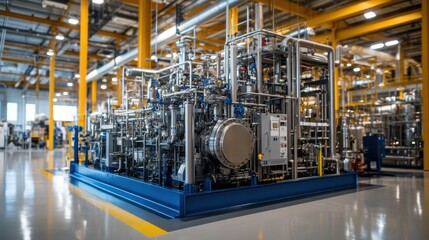 Fototapeta premium Complex machinery with pipes and tanks stands on a blue platform in a spacious factory, showcasing advanced industrial technology and automation