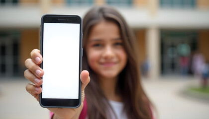 Chica en el instituto con un teléfono móvil en la mano. Primer plano de la pantalla en blanco. Fondo desenfocado