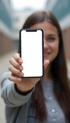 Chica en el instituto con un teléfono móvil en la mano. Primer plano de la pantalla en blanco. Fondo desenfocado