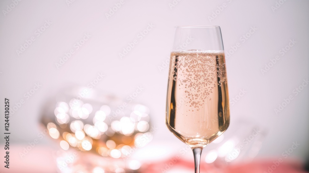 Poster a glass of sparkling ros champagne sits in the foreground against a bokeh background of lights.