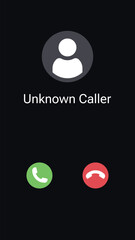 Vector illustration with the inscription: Unknown caller. Phone interface with two icons accept or reject a call