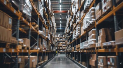 Blurry perspective of warehouse aisle featuring shelves laden with boxes and inventory
