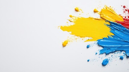 Colorful splashes of spilled paint create abstract art on a white background