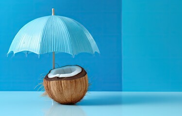 Creative coconut with white umbrella on blue background with copy space. Summer vacation concept. Beach party decoration for World Ocean Day, National Beach Day and Hawaiian festivals