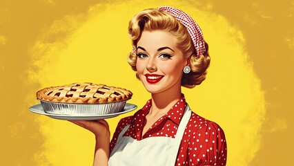 Smiling retro housewife holding a freshly baked pie, vintage home baking charm