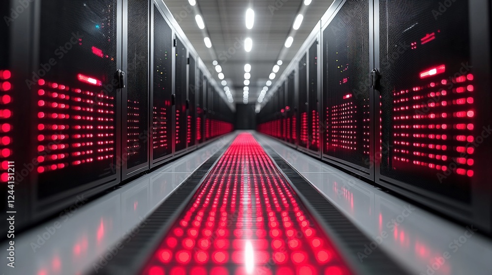 Poster high-tech data center corridor with illuminated servers and reflective floor, showcasing modern tech